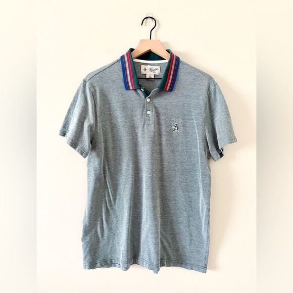 Original Penguin Striped Collar Short Sleeve Polo in Heathered Green - Size L - Picture 1 of 5